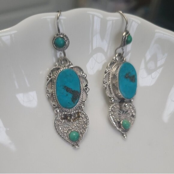 Vintage Sterling Silver Turquoise Boho Western Tribal Exotic Drop Earrings - Picture 5 of 9